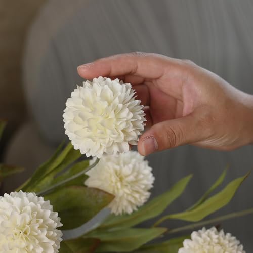 VIERENA 12 Pcs Faux Silk Pompon Mum Artificial Flowers for Vase -27", Bulk Fake Chrysanth Branches with Stems for DIY Bouquet Centerpieces Wedding Fillers Arrangements Shower Decorations (Cream) - color: Cream