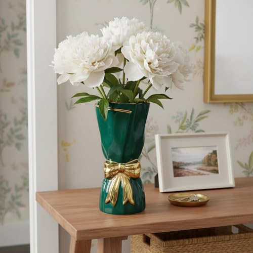 Modrn Ceramic Vase with Bow - 10 inch Green Vases Home Decor, Glazed Centerpiece Vase for Kitchen and Coffee Table, Shelf, Fireplace, Outdoor Table Decor - color: Dark Green, size: 10 inch