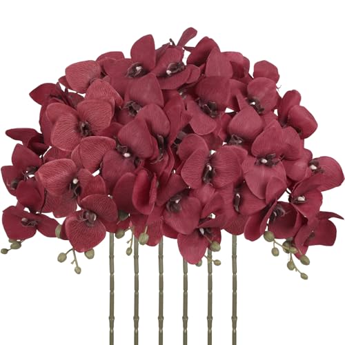 6 Pcs Burgundy Artificial Orchids Silk Flowers 30" Fake Tall Orchid Realistic Faux Phalaenopsis Flower Stems for Restaurant Hotel Wedding Party Home Decoration (Burgundy) - color: Burgundy