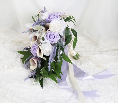 Wedding Bouquet,11 Inch Bridal Bouquet Cascading Wedding Bouquets for Bride for Wedding Ceremony and Anniversary(Lilac & White) - color: Lilac & White