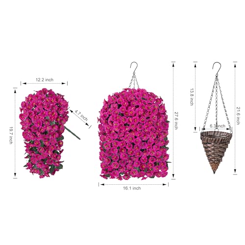 HyeFlora Artificial Fake Hanging Flowers Plants Baskets for Outdoor Outside Decoration, Faux Silk UV Resistant Realistic Fuchsia Morning Glory Planter for Home Porch Patio Balcony Garden Yard - color: Fuchsia Morning Glory
