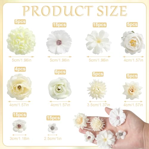 rongflower Faux Flower Heads Mini White Artificial Flower Heads Fake Peony Daisy Rose Flowers Multicolor Small Silk Daisy Flower Heads for Craft Garland Wedding Party DIY Home Decoration,2-4 cm - color: White