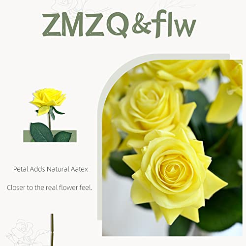 ZMZQ&flw Real Touch Silk Roses Artificial Flowers for Decoration, Realistic Single Fake Flower with Individual Stems Leaves 12PCS, Yellow - color: Yellow 12pcs