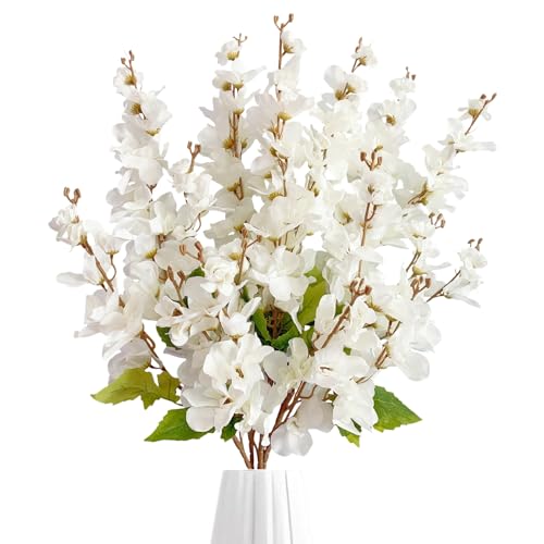 6PCS White Delphinium Artificial Flowers Espigas para Jarrones Fake White Flowers Tall Flowers for Floor Vase Flowers for Tall Vase Floral Arrangements Home Table Wedding Decor - color: White