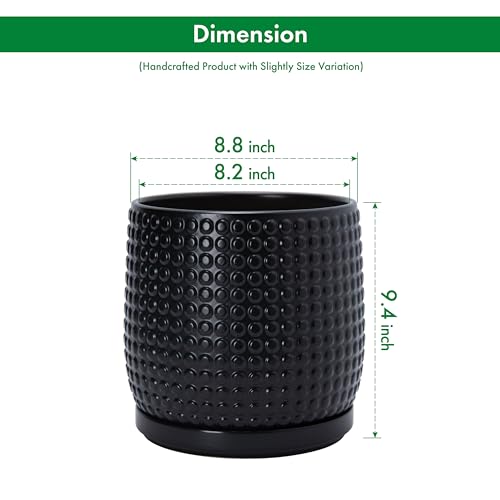 D'vine Dev 8 Inch Ceramic Beaded Stoneware Planter Pot - Flower Pot with Drainage Holes and Saucers for Indoor Succulent Plants or Flowers, Ebony Matte, 27-C-Q-6 - color: Ebony Matte, size: 8.8 Inch