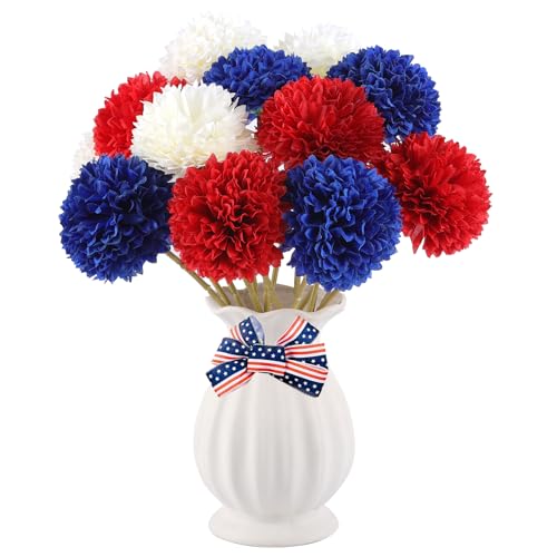 Rowfad 12 Pcs Artificial Chrysanthemums Flowers Patriotic Flowers 4th of July Fake Mums Flowers Silk Red White Blue Flower for Home Decor Indoor Memorial Day Table Centerpiece (12, Red White Blue) - color: Red White Blue