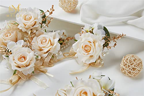 Women Champagne Faux Rose Wrist Corsages Set 6Pcs for Wedding Prom | Silk Flowers With Pearl Wrist for Brides, Bridesmaids & Mothers, Artificial Roses for Homecoming Ceremony Anniversary Party - color: Light Champagne Wrist Corsages 6pcs