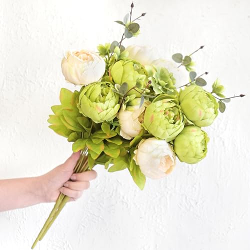 FiveSeasonStuff Artificial Peony Bouquets, 2 Cream Beige & Moss Green Silk Flower Bundles for Wedding Centerpieces & Home Decor – Vintage Peonies - color: Mixed Beige and Green