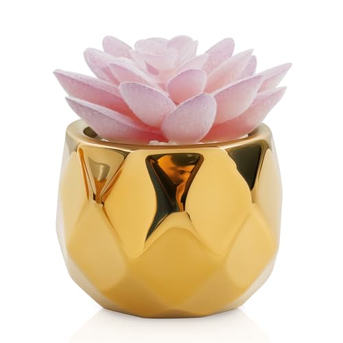 VIVERIE Mini Succulents Plants Artificial in Pots-Pink Succulents with Golden Ceramic, Small Fake Succulents for Home Decor Indoor for Women, White Ceramic Faux Succulents, Gifts for Mom-1 Pack - color: Golden-1 Pack
