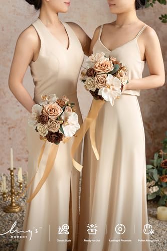 Ling's moment Artificial Bridesmaid Bouquets Set of 4,Brown Wedding Flower Bouquets Beige Floral Bouquet Bridal Bouquets with Ribbon Ceremony Anniversary,7-inch Diameter - color: Walnut Brown