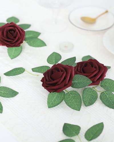 DuHouse 50Pcs Artificial Roses Flowers Fake Roses with Stems Real Touch Foam Flowers for DIY Wedding Bouquet Baby Shower Centerpiece Floral Arrangement Party Home Decor (Burgundy) - color: Burgundy, size: 50pcs
