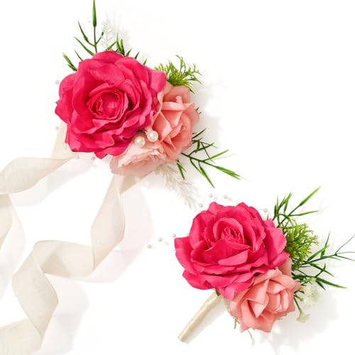 Alecono Hot Pink Corsage and Boutonniere Set, Corsages for Bride Bridesmaid Groom Bridegroom, Artificial Flowers for Prom Graduation Ceremony Anniversary - color: Hot Pink, size: Corsage and Boutonniere Set