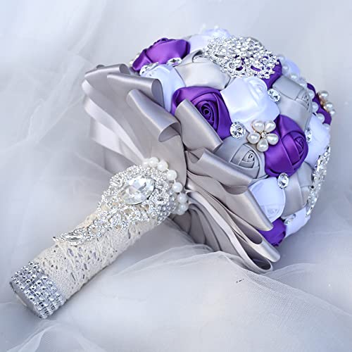 Sharebeauty 7.9 Inch Handmade Satin Rose Bridal Bouquet Toss Round Wedding Bouquet Throw Toss Artificial Flower Bunch Silver + Purple + White - color: W3217d07 Silver/Purple/White