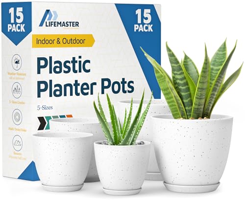 White Gray Plant Pots with Drainage Holes & Saucers 15 Pack, Indoor & Outdoor Stackable Space-Saving Planters for Houseplants & Flowers, (7", 6.7", 6", 5.3", and 4.8" Inches), Durable & Weatherproof - color: White Gray, size: Pack of 15