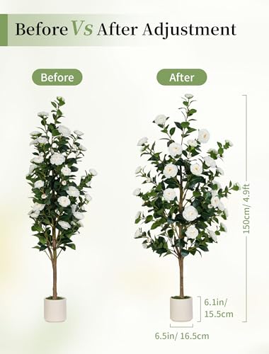 BLOSMON Artificial Trees for Home Decor: Indoor 4.9ft Tall Fake Plants Outdoor Camellia Flowers Tree for Front Porch - Faux White Rose Plant with Pot for Living Room Door Patio Deck Yard - color: White Camellia