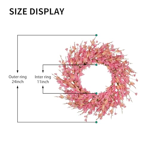 24 Inch Artificial Pink Forsythia Flower Wreath, Silk & Paper Floral Wreaths for Front Door, Romantic Valentine's Day & Spring Summer Decor, All Season Farmhouse Wedding Indoor Outdoor Decor - color: Pink