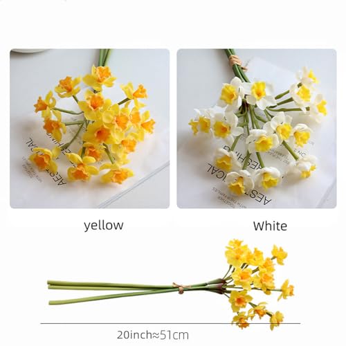 XIYUAN 6 Bundles Daffodils Artificial Flowers 20inch Lifelike Real Touch Narcissus Spring Flowers PU Fake Daffodil Flower Home Indoor Outdoor Wedding Table Party Decor (White)