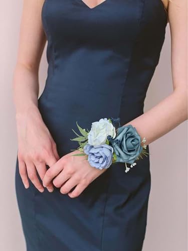 Rinlong 2Pcs Dusty Blue Wrist Corsage for Wedding, Prom, Homecoming | Bridesmaid, Mother of the Bride Corsage - color: 19-dusty Blue