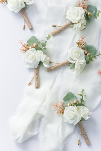 Boutonniere for Men Wedding, Groom Groomsman Artificial Rose Flowers for Wedding Anniversary Celebration,Prom,Party,Home Decoration Set of 2 (Ivory) - color: Ivory