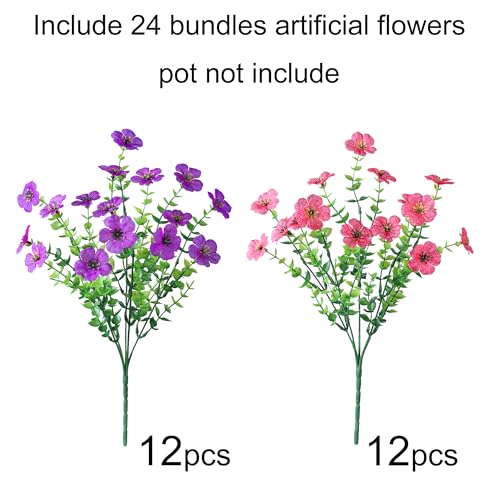 Ivydale Artificial Flowers for Outdoor 24 Bundles Fake Mums with Eucalyptus Leaves UV Resistant Silk Faux Daisy Flower Plant for Outside Home Porch Patio Window Box, Purple Rose Mixed - color: Purple Rose Mixed