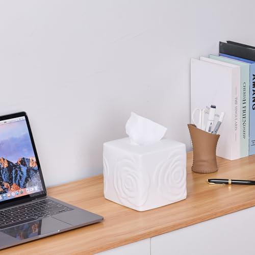 White Ceramic Rose Tissue Box Cover, Carved Flowers Large Square Tissue Box Holder Decorative for Bathroom, Vanity, Kitchen Countertop, Bedroom Night Stands, Office Desk Top - color: White
