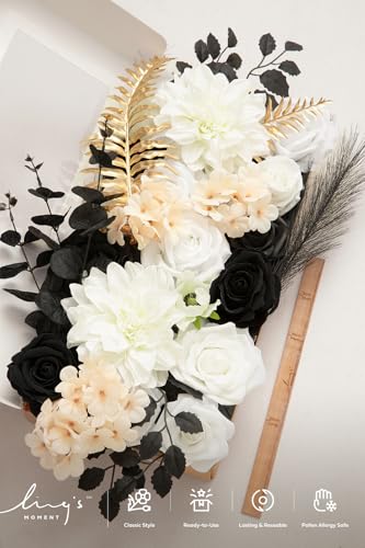 Ling's moment Fake Flowers Box, Faux Artificial Greenery Stems Foam Roses Silk Dahlia Hydrangea Eucalyptus Fabic Flower for Centerpieces Bouquet Wedding Vase, White & Black & Golden, Deluxe Combo - color: Wht-white & Black & Golden, size: Deluxe