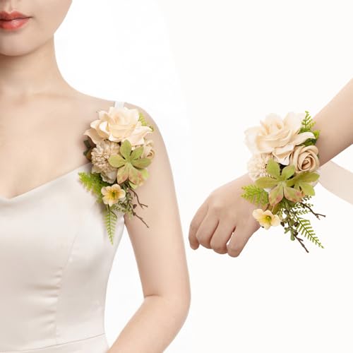 Ling's moment 2pcs Prom Wrist/Shoulder Corsage Artificial Flower, Girl/Mother Homecoming/Wedding Corsage Wristlet Décor, etc. Sand Beige - color: Pk-sand Beige