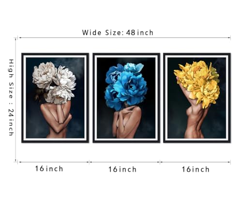 Sexy Woman with Flowers Wall Art Nude Women Posters Wall Decor Flower Blooming on Girls Head Canvas Prints Artwork Decor for Home Bedroom Bathroom Hotel Framed Ready to Hang 16x24inchx3pcs - color: Art01, size: 16x24x3Pcs Black Framed