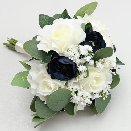 Wedding Bouquets for Bride, 11 Inch Bridesmaids Bouquets Artificial Flower Bouquets for Wedding Ceremony Bridal Shower Decorations - Navy Blue & White - color: Navy Blue & White