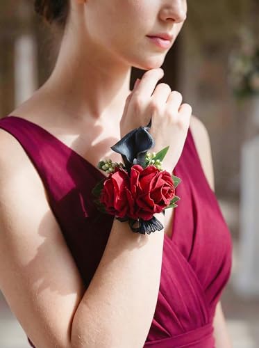 Red Rose Wrist Corsage Wristlet Band Bracelet and Men Boutonniere Set with Black Calla Lily for Wedding Flower Accessories Prom Suit Decorations