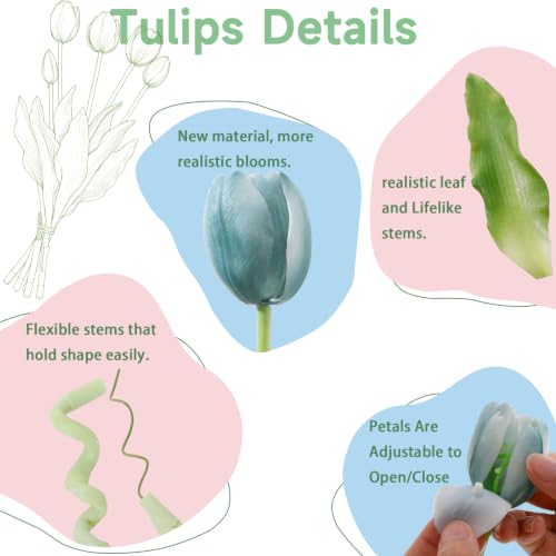 15 Pcs Artificial Flowers Tulips Real Touch Latex Plastic Soft Faux Bouquets for Party, Wedding, Home, Room, Garden Decor (Vintage Blue) - color: Vintage Blue