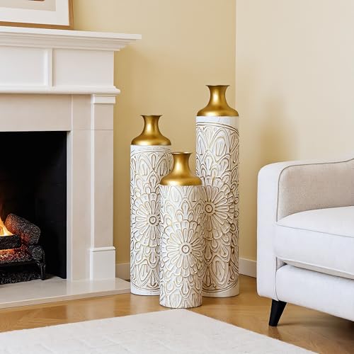 3pcs Extra Large Floor Vases Home Decor:24.4/29.1/33in, Big White Tall Metal Standing Floor Vase Set for Living Room - color: Floor Vases White Flower