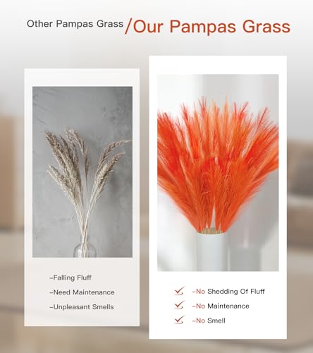 9 Pcs 45" Tall Pampas Grass Orange Decor, Long Stem Artificial Flower Floor Vase Large Faux Floral Pompas Fake Plants Dried Bouquet Arrangement Vase Filler for Boho Home Wedding Decoration - color: 9 Pcs 45" Orange Style
