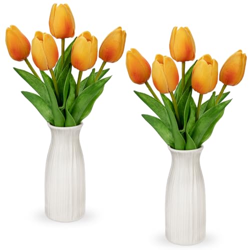 Briful 2 Packs Faux Flowers Artificial Tulips with Ceramic Vase, Poly Foam Orange Tulips Real Touch Flower Arrangement for Home Kitchen Wedding Centerpiece Decoration - color: Orange