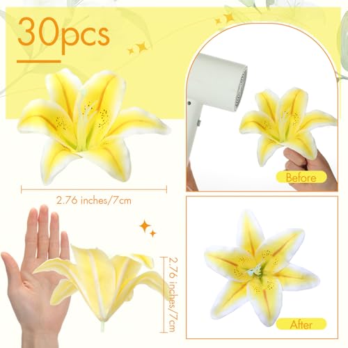 Suncalla 30 Pack Large Artificial Lilies Flower Heads with Realistic Stamens 5.9" Faux Fake Lily Flower Heads Bulk for DIY Crafts Cake Wedding Bridal Wreaths Table Home Party Decor (Yellow) - color: Yellow