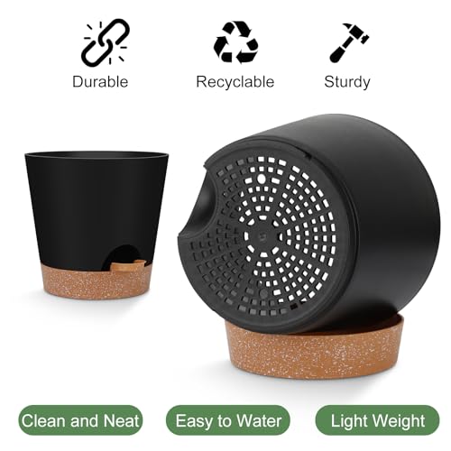 YNNICO Indoor Self Watering Planters with Drainage Holes and Saucers, 8, 7, 6.5, 6, 5.5, 5 Inches, Black, 6 Pots - color: Black, size: 8+7+6.5+6+5.5+5 inch