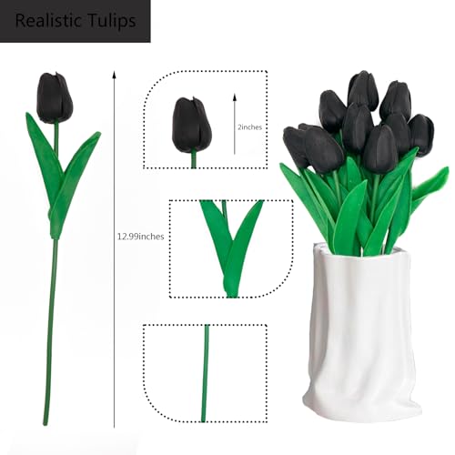 10 Pcs Faux Tulips Artificial Flowers with Stems, 13 Inch Artificial Tulips Flower Realistic for Wedding Bouquet, Table Centerpiece, Birthday Party (Black) - color: Black