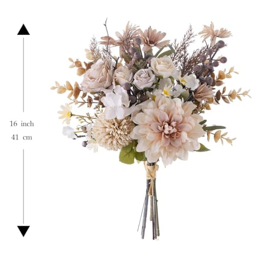 16-inch Artificial Fake Flowers Silk Table Arrangements Faux Plastic Floral Centerpieces for Home with Roses, Dandelions, Daisies, Hydrangea, Eucalyptus, Chrysanthemums and Hollyberries - color: Cappuccino