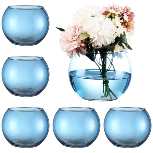 Blue Round Vases Set of 6, Flower Vases for Centerpieces, Glass Vase for Flowers, Glass Bowl Vase for Living Room, Bedroom, Kitchen, Office, Wedding, 5'' W x 4'' H - color: Blue, size: 5”