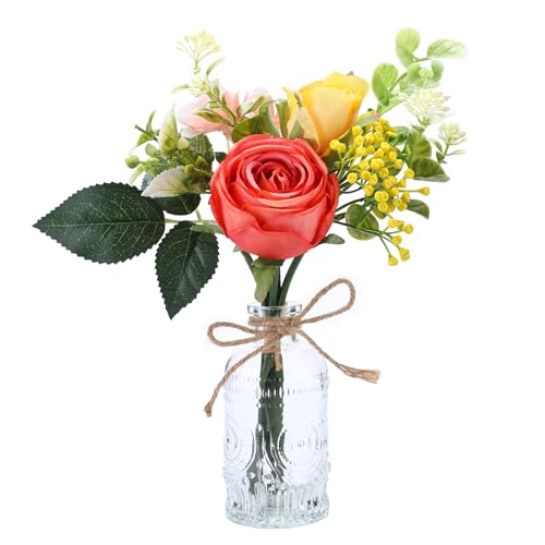 AFRITEE Artificial Flowers with Small Vase - Orange Potted Fall Rose Floral Arrangements Artificial with Small Vase for Home Living Office Wedding Coffee Centerpiece Table - color: Orange Bouquet+relief Vase