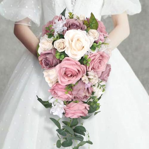 8.7 Inch Cascading Wedding Bouquet for Bride with Artificial Dusty Rose Flower Greenery Rustic Waterfall Cascade Bridal Wedding Bride Bridesmaid Bouquet Dusty Pink - color: Dusty Rose