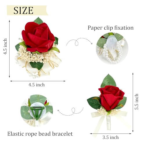 2pcs Red Corsage Wristlet Boutonniere for Men Silk Christmas Corsgea and Boutonniere Set Double Pearl Wrist Corsage Bracelets Rose Boutonniere for Wedding Party Prom Decor - color: Red Corsage - Double-cain