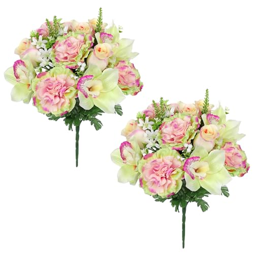 Briful Artificial Flowers Bouquet - 2 Pack Faux Silk Floral Arrangement Fake Carnations Roses Orchid Mixed Flower for Home Office Room Vase Memorial Grave Outdoor Decor - color: Green Pink