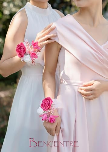 Hot Pink Wrist Corsage for Wedding(Set of 6), Wrist corsages for Prom,Party Prom Hand Flower Decor,Mother of The Bride Corsage,Bridesmaid Wrist Corsage - color: Hot Pink