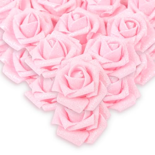 IPOPU Artificial Roses,50PCS Pink Glitter Roses Bouquet Glitter Flowers for Crafts DIY Wedding Bouquet Home Party Decoration(Pink) - color: 50pcs Pink