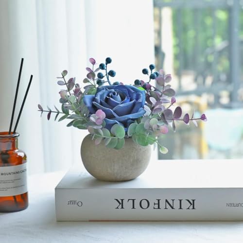 Small Artificial 2pcs Blue Rose Potted Plant, 6" Fake Silk Flowers in 3.5" Round Pot, Mini Faux Floral Arrangement for Desk Shelf Bathroom Decor - color: 2pcs Blue