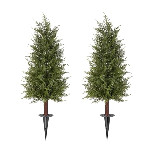 2FT Artificial Cedar Topiary Trees with Ground Spikes, Set of 2 Realistic Faux Cypress Trees UV Resistant Artificial Topiary Shrubs Fake Bushes for Indoor Outdoor Porch Garden - color: Cedar-1