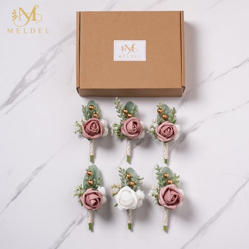 6Pcs Dusty Pink and White Faux Rose Men Boutonnieres for Wedding | Artificial Foam Rose Boutonnieres for Wedding Prom Groom Groomsmen Homecoming Party Suit Decoration - color: 1 White & 5 Pink