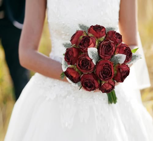 Artificial Peonies,24PCS Vintage Fake Peonies Flower Heads 2.56" Realistic Burgundy Roses with Stems for Wedding Chair Sign Cake Party Home Decoration (Burgundy) - color: Burgundy