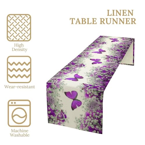 Floral Butterfly Spring Table Runner, Purple Flowers Seasonal Kitchen Dining Table Decoration for Home Party Decor 13x36 Inch - color: Butterfly_6, size: 13x36inch